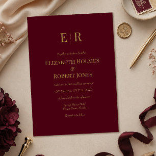 Elegante burgunder-goldene Monogramm-Hochzeitseinl Einladung