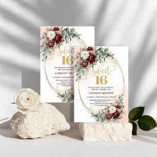 Elegante Burgunder-Pfingstrose Gold Sweet Sixteen Einladung