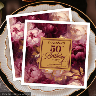 Elegante Burgunder-Rosa-Gold-Rosen 50. Geburtstag Serviette