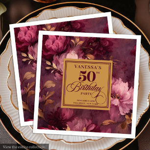Elegante Burgunder-Rosa-Gold-Rosen 50. Geburtstag Serviette