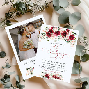 Elegante Burgunder-Rosa-Rosen-Foto-Floral-Hochzeit Einladung