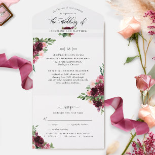 Elegante Burgunder-Rosé-Hochzeit mit perforierter  All In One Einladung