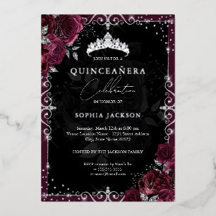 Elegante Burgunder Silber Rose Quinceanera Folieneinladung