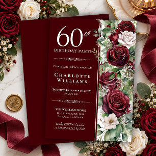 Elegante Burgunder-Weinrose Floral 60. Geburtstag Einladung