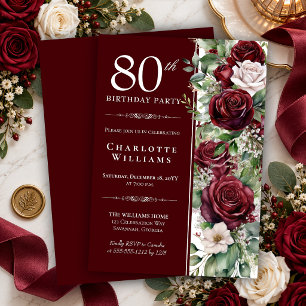 Elegante Burgunder-Weinrose Floral 80. Geburtstag Einladung