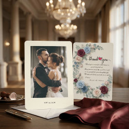 Elegante burgunderfarbene botanische Foto-Hochzeit Dankeskarte