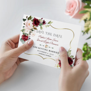 Elegante burgunderrosa Blumen Goldrahmen Hochzeit Save The Date