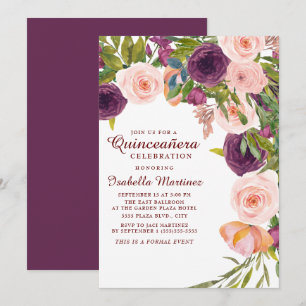 Elegante Burgunderrosa Florale Quinceañera Einladung