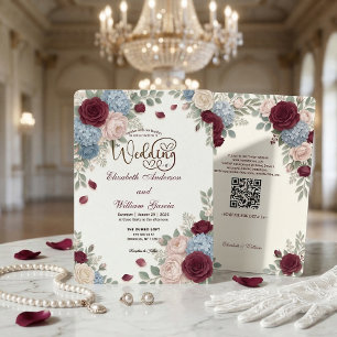 Elegante Burgunderrose Moderne QR-Code-Hochzeit Einladung