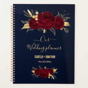 Elegante burgunderrote Blumen gold navyblaue Hochz Planer