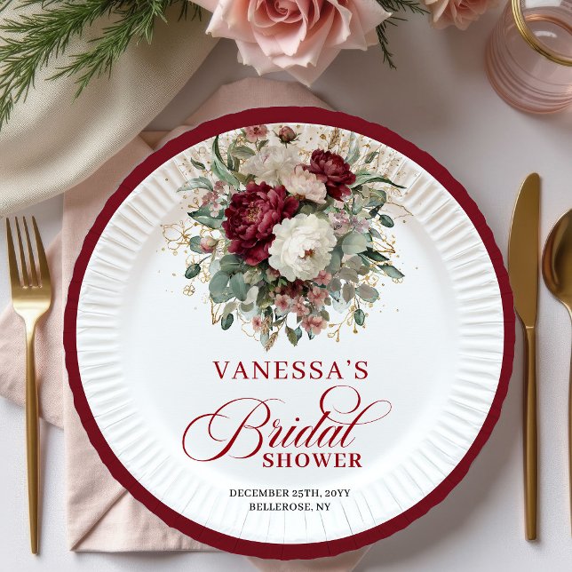 Elegante burgunderrote Blumen-Hochzeitsdusche-Papi Pappteller (Graceful Burgundy Floral Bridal Shower Paper Plates)