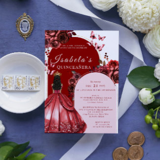 Elegante burgunderrote Blumen-Quinceanera-Einladun Einladung