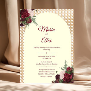 Elegante burgunderrote Blumen und Rattan-Rahmen Ho Einladung