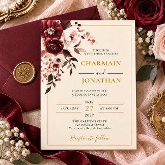 Elegante burgunderrote Blush-Blumen-Gold-Hochzeit Einladung