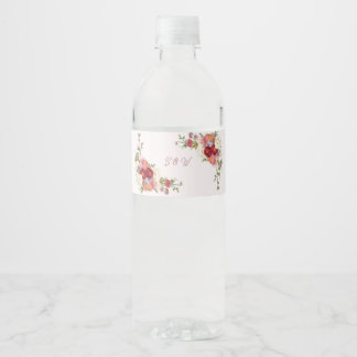 Elegante burgunderrote Blush-Blumen-Monogramm-Hoch Wasserflaschenetikett