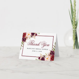 Elegante burgunderrote Floral-Hochzeitsdusche-Noti Dankeskarte