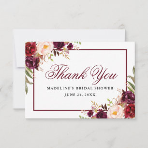 Elegante burgunderrote Floral Hochzeitsshower Dankeskarte