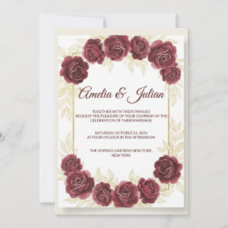 Elegante burgunderrote Floral- und Gold-Hochzeitse Einladung