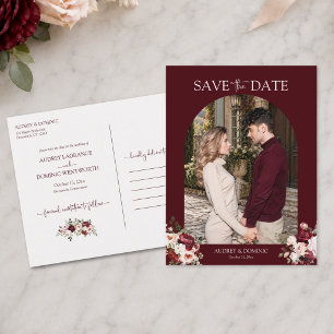 Elegante burgunderrote Florale Hochzeits-Foto-Pers Postkarte