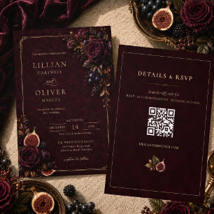 Elegante burgunderrote florale RSVP-QR-Code-Hochze Einladung
