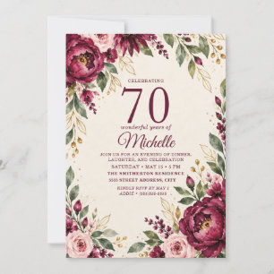 Elegante burgunderrote Florale zum 70. Geburtstag Einladung
