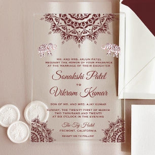 Elegante burgunderrote Henna-Indische Hochzeit Acryleinladungen