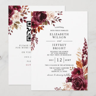 Elegante burgunderrote Herbst-Blumen-QR-Code-Hochz Einladung