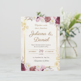 Elegante burgunderrote & rosafarbene florale Hochz Einladung