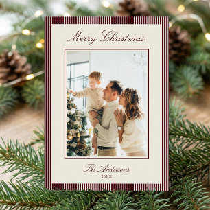 Elegante burgunderrote Streifen Weihnachtsfoto Feiertagskarte