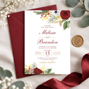 Elegante burgunderrote und goldene florale Hochzei Einladung