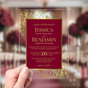 Elegante burgunderrote und goldene stilvolle Text Acryleinladungen