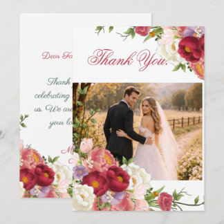 Elegante burgunderrote und rosafarbene Blumenehe Dankeskarte