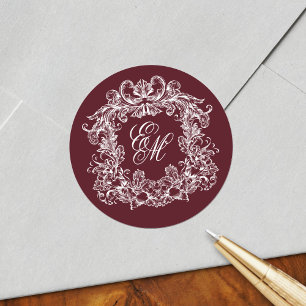 Elegante burgunderrote Vintage-Monogramm-Wappen-Ho Runder Aufkleber