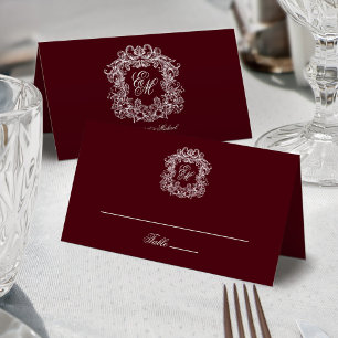 Elegante burgunderrote Vintage-Wappen-Monogramm-Ho Platzkarte