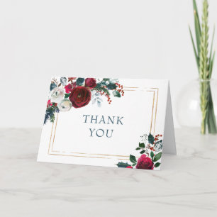 Elegante burgunderrote Winterrosen Grün Dankeskarte