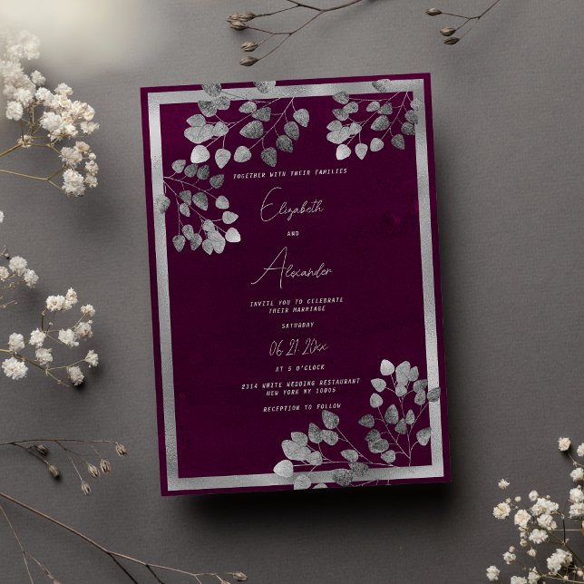 Elegante burgundische Eukalyptus-Blatthochzeit Einladung (Elegant burgundy silver eucalyptus leaf wedding)
