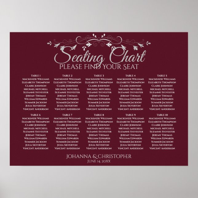 Elegante Burgundy 10 Table Wedding Seating Chart Poster (Vorne)