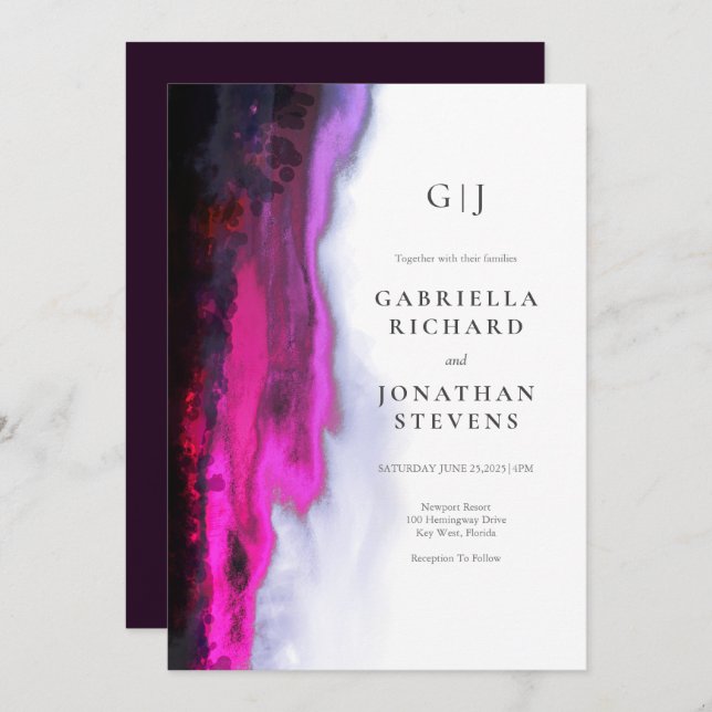 Elegante Burgundy Abstrakt Monogram Wedding Einladung (Vorne/Hinten)