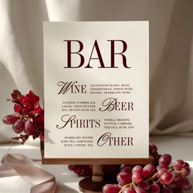 Elegante Burgundy Bar Menu Drinks Wedding Tabletop (Elegant Burgundy Bar Menu Drinks Wedding Tabletop)