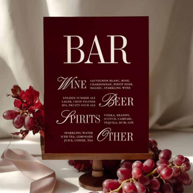 Elegante Burgundy Bar Menu Drinks Wedding Tabletop (Elegant Burgundy Bar Menu Drinks Wedding Tabletop)