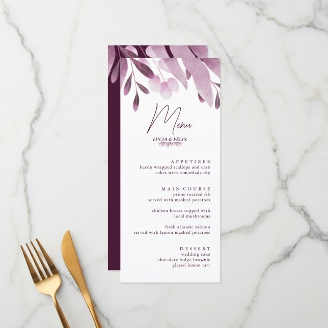 Elegante Burgundy Big Leaf Wedding Menu Cards Menükarte (Vorderseite/Rückseite Beispiel)