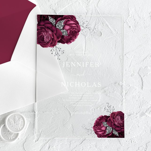 Elegante Burgundy Bloral Peonies Wedding Acryleinladungen (Elegant Burgundy Floral Peonies Wedding Acrylic Invitations)