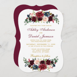 Elegante Burgundy Blue Watercolor Floral Wedding B Einladung