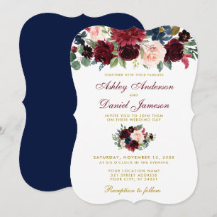 Elegante Burgundy Blue Watercolor Floral Wedding B Einladung