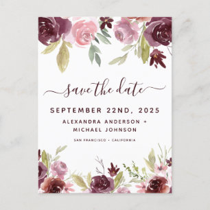 Elegante Burgundy Blume Save the Date floral Ankündigungspostkarte