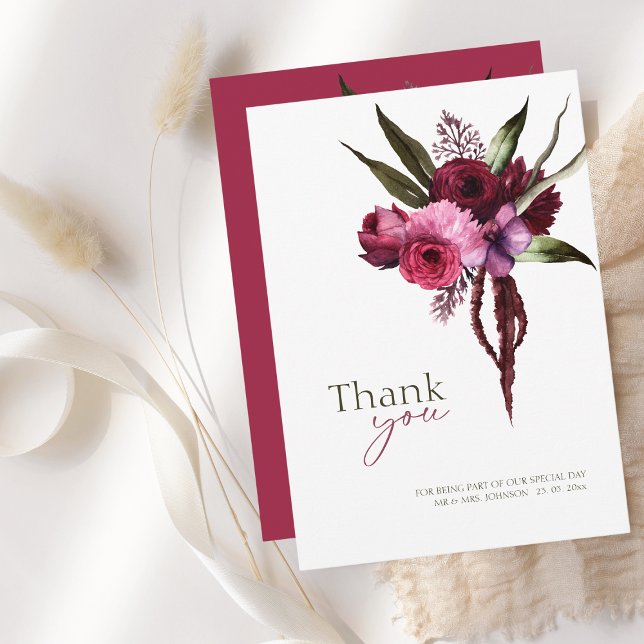 Elegante Burgundy Blumenkarte Dankeschön Karte (Elegant Burgundy Floral Wedding Thank You Card)