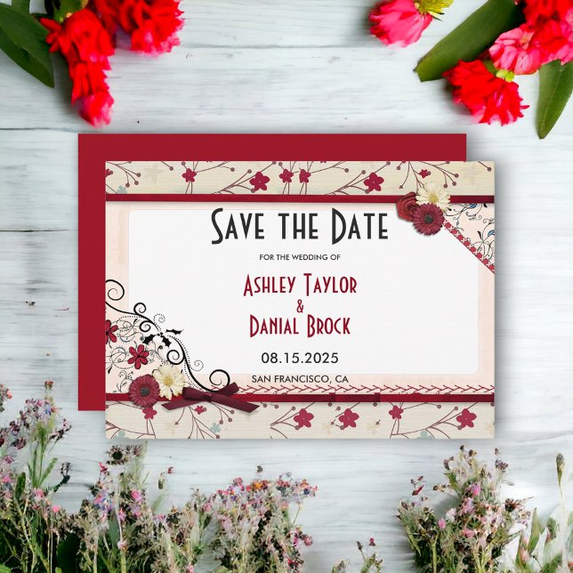 Elegante Burgundy Blumenrahmen Chic Summer Wedding Save The Date (Von Creator hochgeladen)