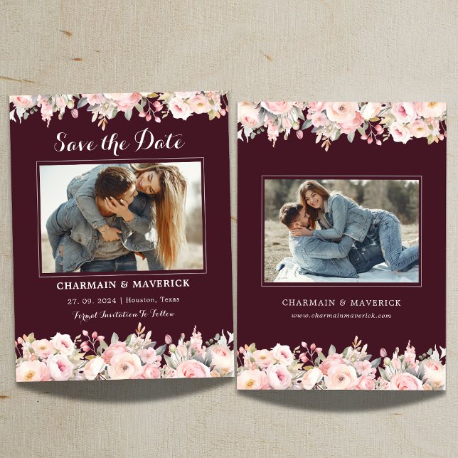 Elegante Burgundy Blumenrosa Hochzeit speichern Si Einladung (Von Creator hochgeladen)