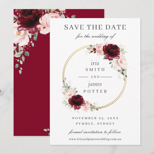 Elegante Burgundy Blush Bloral Circle Gold Wedding Save The Date (Vorne/Hinten)
