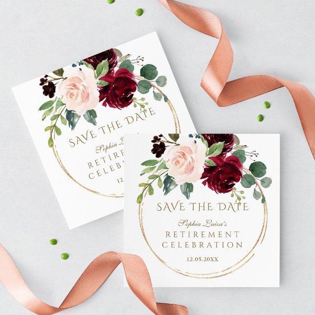 Elegante Burgundy Blush Bloral Gold Rentirement Save The Date (Von Creator hochgeladen)
